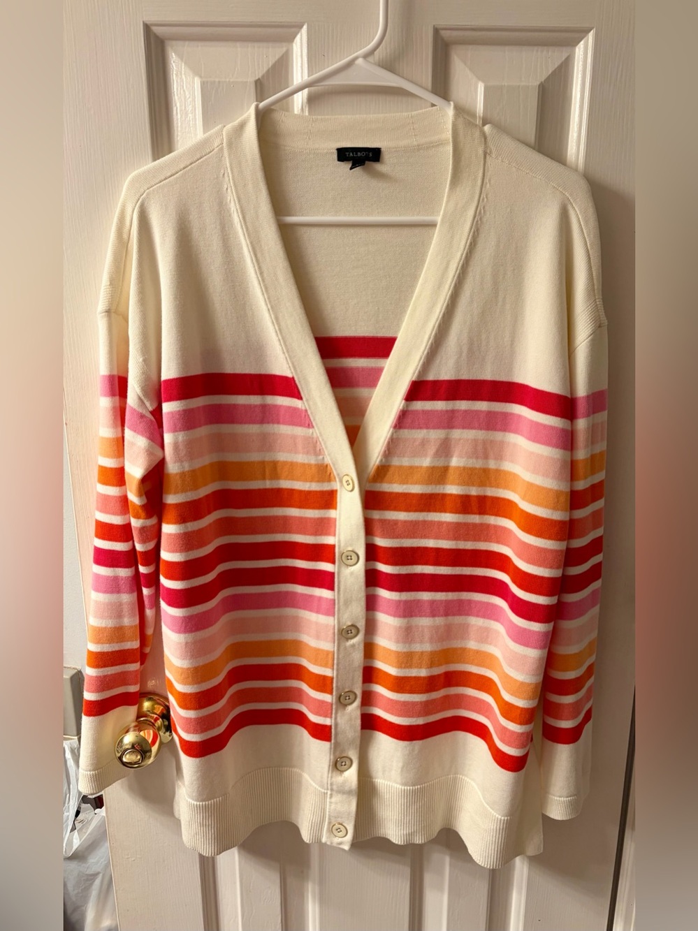 Talbots Cream Striped V-Neck Girlfriend Button Cardigan with Pink, Red & Orange